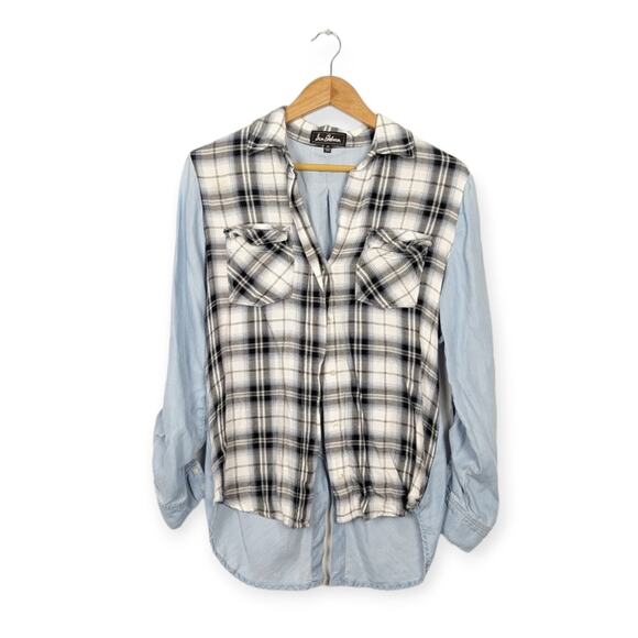 Sam Edelman Blue Plaid Front Button-Up Long Sleeve Top Size M - Picture 1 of 8